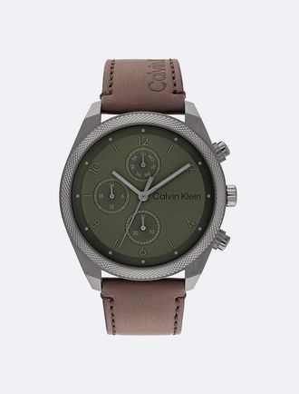 Calvin Klein Mens Leather Strap Chronograph Watch - Green