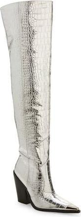 Azalea Wang Grissel Croc Embossed Water Resistant Western Boot in Silver at Nordstrom Rack, Size 6.5