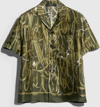 Gucci Printed Silk Bowling Shirt, Size 44, Green