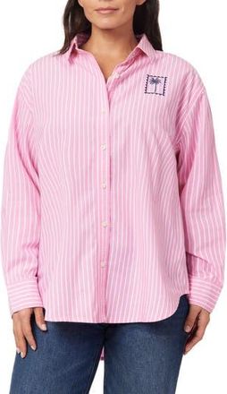 C&C California Alaina Oversize Embroidered Stripe Button-Up Shirt in Pink /White Stripe Palm at Nordstrom Rack, Size X-Large