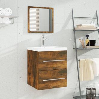 Berkfield Home Sink Cabinet with Built-in Basin Smoked Oak Engineered Wood in Brown