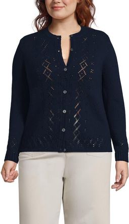 Lands End Pointelle Crew Neck Cardigan Sweater in Radiant Navy at Nordstrom, Size 1X