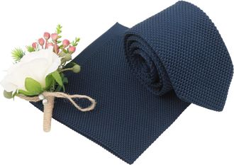 DQT Plain Knitted Slim Neck Tie and Pocket Square Set for Men, Navy Blue, One Size