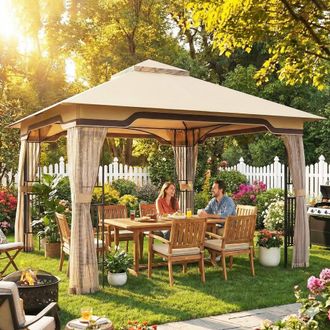 OUTSUNNY 3.3 x 3.3 m Garden Gazebo with Shelves, UPF50+ Permanent Gazebo in Khaki | Size: 3m x 3m
