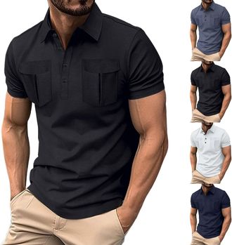 Generic Mens Cargo Polo Shirts with Pocket Short Sleeve Button Down Moisture Wicking Golf Shirt Casual Slim Fit Basic Tops Camisetas Básicas para Hombre(Navy,