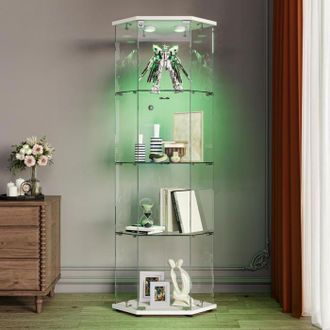 OEM Vitrina Armario 60x42x162 Cm, Vitrina De Vidrio Con Iluminaci&oacute;n Led, 1 Puerta 4 Estantes, Vidrio Templado, Cerradura De Seguridad, Blanco