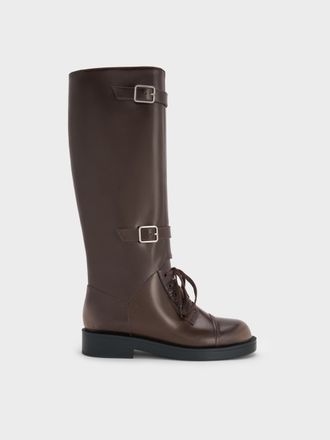 Charles & Keith Burnished Double-Buckle Combat Knee-High Boots