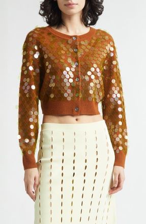 Zankov Mina Pointelle Knit Paillette Merino Wool & Cashmere Cardigan in Tobacco at Nordstrom, Size X-Small