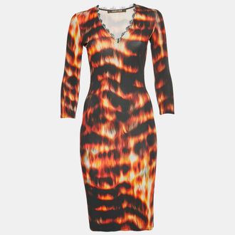 Roberto Cavalli Black/orange Flames Print Jersey Shift Dress