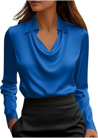 Generic Keepink Womens Long Sleeve Tops Elegant Cowl Neck Satin Blouse Dressy Business Casual Office Work Silk Shirt Elegant Ladies Tunic Top Loose Comfy Shir