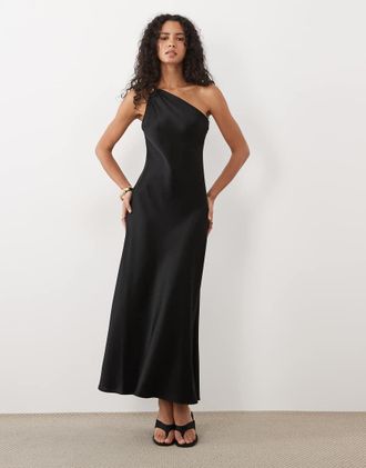 Mango vestito midi monospalla in raso nero