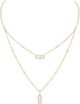 Messika Move Uno Pav&eacute; Diamond Pendant Double Layer Necklace in Yellow Gold at Nordstrom