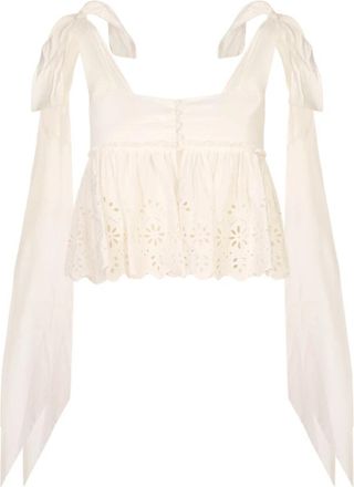 Chlo&eacute; Top met broderie anglaise en strikbandjes - Dames - Tops zonder mouwen - Wit - 2XS - Katoen - Tops