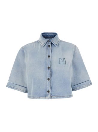 Msgm Light Blue Crop Shirt With Logo On The Front And Perforated Details In Denim Woman
