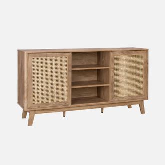 Sweeek Sweeek - Aparador Con 2 Puertas Correderas Y Estantes Efecto Madera Y Ca&ntilde;a, 150cm, Mani, Natural, 150x39x79 Cm