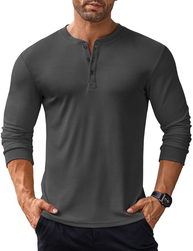 thumbnail interactive-video image 1 of Men's Long Sleeve Henley 3 Button Pullover Cotton T-Shirt Crew Neck | UK 1 of 12