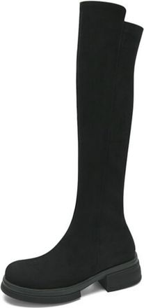 Generic Womens Pull on Knee High Boots Low Block Heel Platform Long Boots Round Toe Faux Suede Casual Boot,Black,5.5 UK