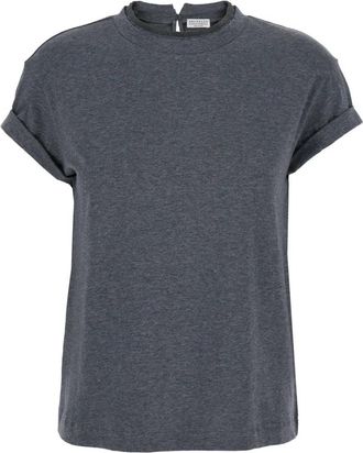 Brunello Cucinelli Grijze Crewneck T-shirt met Monil-detail - Dames - T-shirts - Grijs - S - Katoen - Tops