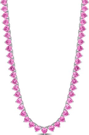 Mimi & Max 31-1/5ct TGW Heart-Cut Created Pink Sapphire Tennis Necklace in Sterling Silver - 18 in