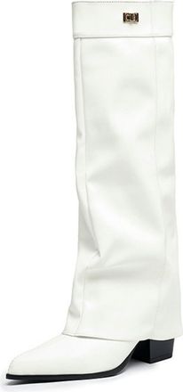 Generic Womens Knee-High Boots, Elegant PU Long Shaft Boots with Pleated Look And Square Toe Western Cowboy Boots Low Block Heel Slip-On Shoes for Autumn & Wi