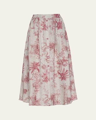 L'agence Seina Pleated Etoile-Print Linen Midi Skirt