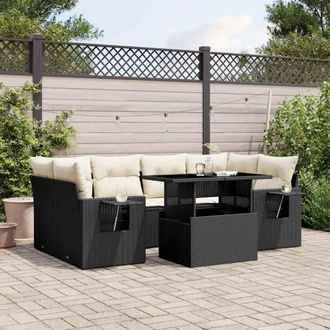 vidaXL Set De Sof&aacute;s De Jard&iacute;n 7 Pzas Con Cojines Rat&aacute;n Sint&eacute;tico Negro Vidaxl
