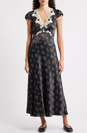 Dôen Coraline Lace Detail Floral Satin Maxi Dress in Fleur Du Palais at Nordstrom, Size Xx-Small