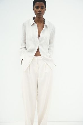 H&M Linen-blend Barrel Trousers in Cream at Nordstrom, Size 10