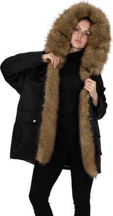 K.Zell Parka Coat with Faux Fur Collar and Hood, Warm Lining, Button Closure and Zip, Black, L