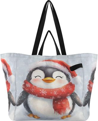 Generic Penguin Snowflake Red pattern Reusable Canvas Tote Bag, Heavy Duty Grocery Shopping Bag with Hard Bottom Double Handles Large Capacity Work Groceries 