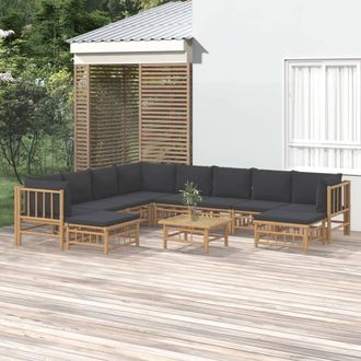 vidaXL Set De Muebles De Jard&iacute;n 11 Pzas Bamb&uacute; Con Cojines Gris Oscuro Vidaxl
