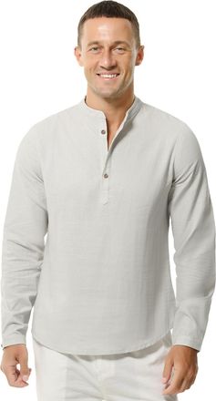 Hoerev Mens Henley Beach Long Sleeves Linen Cotton Shirt,X-Large,Grey