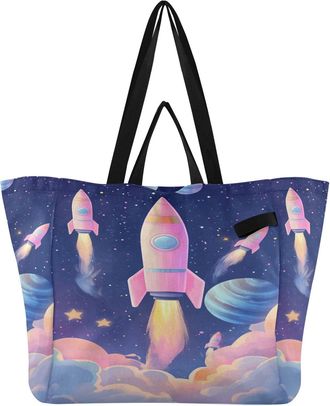 Generic Pink Planet print Reusable Canvas Tote Bag, Heavy Duty Grocery Shopping Bag with Hard Bottom Large Capacity Double Handles Work Groceries Travel