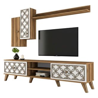 Dmora Dmora - Mueble De Televisi&oacute;n Tariq, Aparador De Sal&oacute;n, Mueble Bajo Para Tv, Base De Pared Equipada, 180x35h44 Cm, Nogal Y Blanco, Con Embalaje Reforza