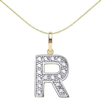 Jewelco London 9ct 2-Colour Gold CZ 15mm Block Font Initial Pendant Letter R - JIN022-R