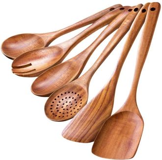 OEM Juego De 6 Cucharas De Madera Para Cocinar: Estas Cucharas De Teca, Resistentes Al Calor Y De Superficie Lisa, Cuentan Con Mangos Ergon&oacute;micos. Ligeras