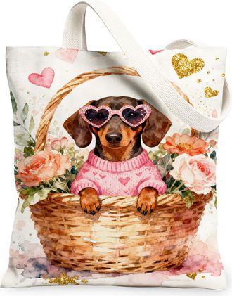 Generic Floral Dog Canvas Tote Bags, Cute Animal Design Reusable Grocery Bags, Spring Vintage Lightweight Washable Shoulder Strap C, White, 13x15 Inch
