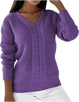 Generic RLEHJN Cable Knit Jumper Women V Neck Chunky Knitted Jumpers Plain Sweater Solid Color Tunic Knit Tops Long Sleeve Pullover Comfortable Soft Knitwear 