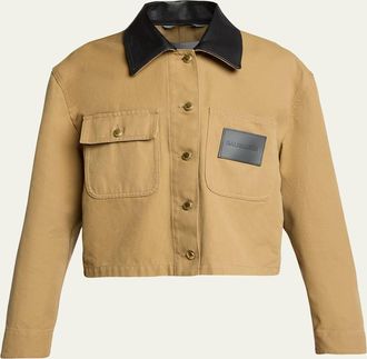 Balenciaga Leather-Collar Cropped Canvas Workwear Jacket