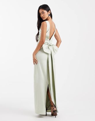 Tfnc Vestito lungo da cerimonia in bengalina verde salvia con fiocco rimovibile sul retro