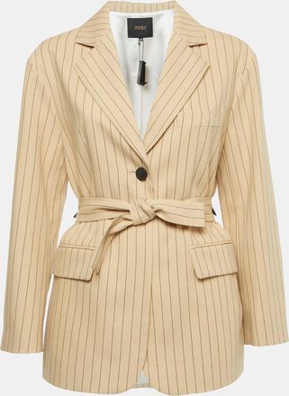 Maje Beige Striped Cotton Blend Belted Blazer