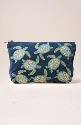 Elizabeth Scarlett Turtle Conservation Velvet Everyday Pouch in Marine Navy at Nordstrom