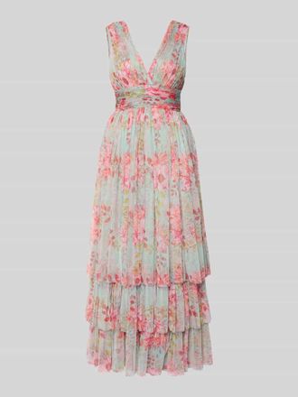 Lace & Beads Abendkleid mit Volantsaum und V-Ausschnitt in Rosa, Gr&ouml;&szlig;e S