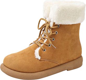 Generic Womens Ankle Boots Lace Up Fleece Lined Warm Winter Snow Boots Flat Round Toe Non-Slip Retro Suede Booties Ladies Casual Shoes Autumn Winter Size 4.5