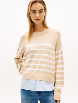 Tommy Hilfiger Womens Layered-Look Lightweight Stripe Sweater - Beige - XXL