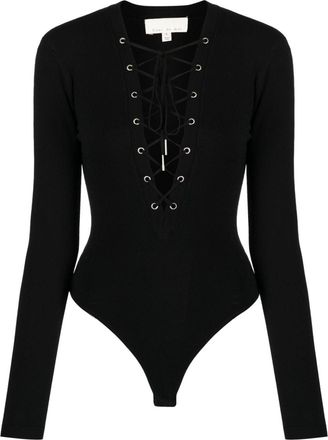 Fleur du Mal plunge lace-up bodysuit - women - Viscose/Polyester - S - Black