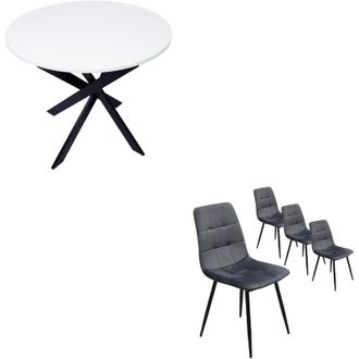 Skraut Home Skraut Home - Conjunto Sal&oacute;n, Pack De 4 Sillas De Comedor, Silla Tapizada, Sillas, Mesa Fija Redonda, Blanco Mate, Patas Negro