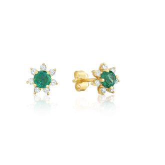 MAX + STONE 14k Yellow or White Gold Gemstone and 4mm Diamond Flower Halo Stud Earrings