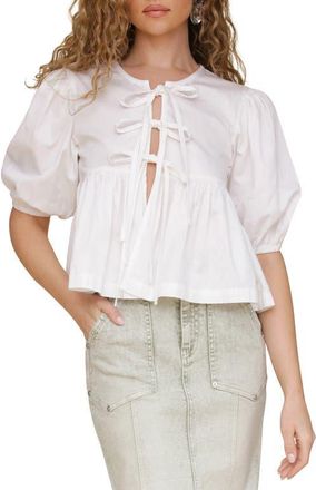 Avec Les Filles Tie Front Puff Sleeve Cotton Top in White at Nordstrom, Size Medium