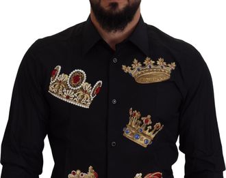 Dolce & Gabbana Mens Black Gold Crown Slim Fit Dress Formal Shirt Cotton